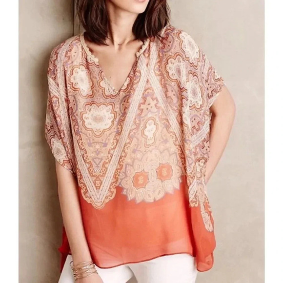 Maeve Nalina 100% Silk Gauzy Poncho Style Paisley Tunic Top XS Multicolor Boho - Picture 1 of 9